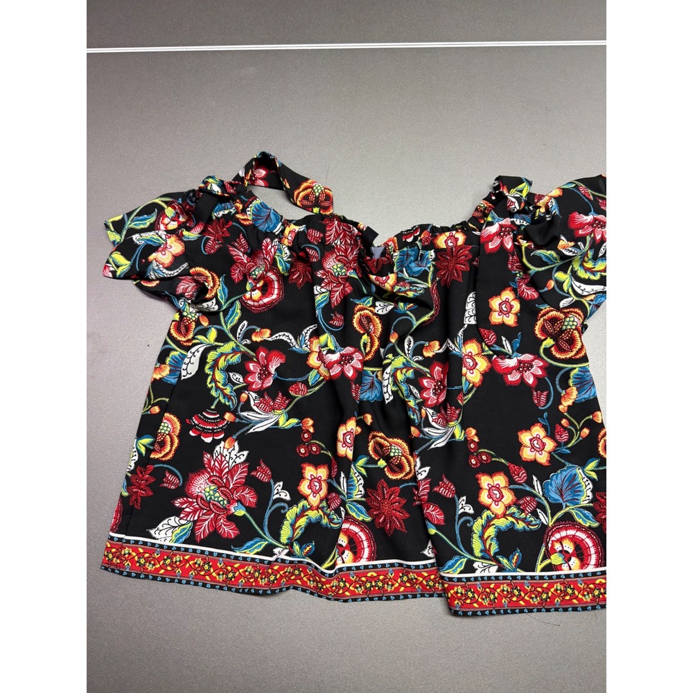 By & By Floral Off The Shoulder Tie Sleeve Blouse Black Multi Color Medium - Picture 7 of 9